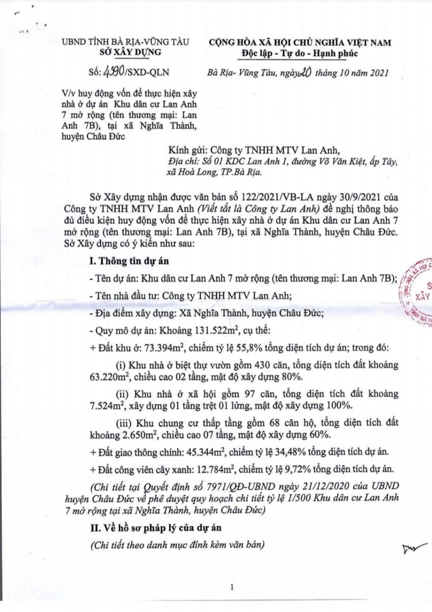 Văn bản của Sở Xây dựng tỉnh BR-VT cho phép huy động vốn tại dự án Lan Anh 7 mở rộng